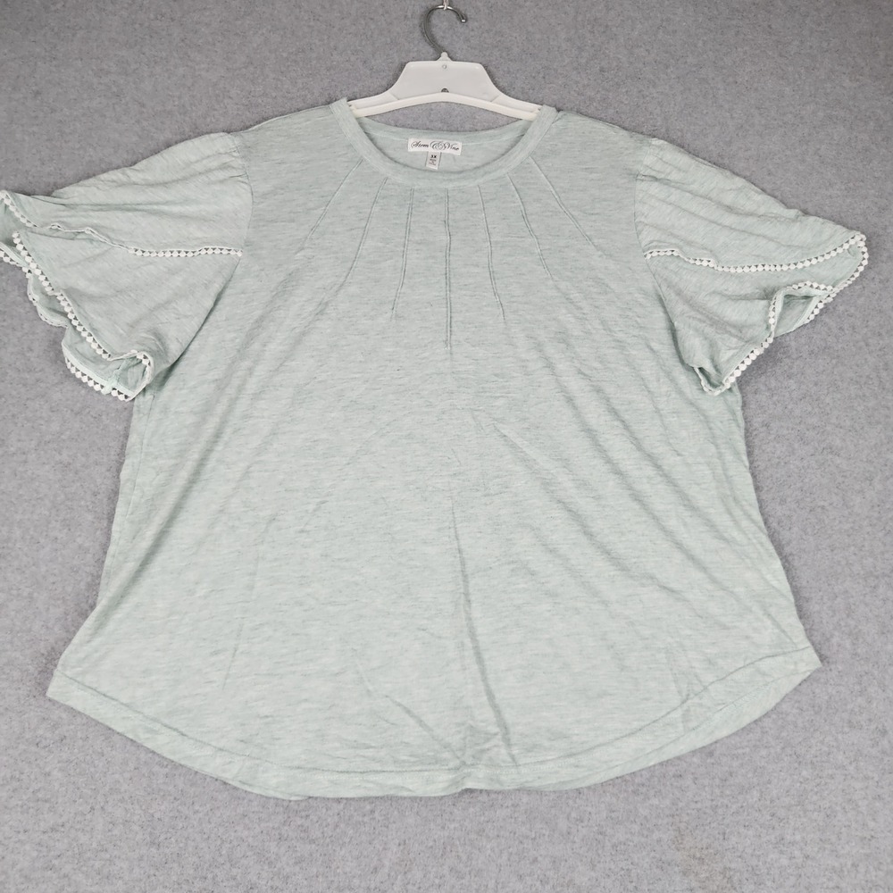 Stem & Vine Blouse Top Womens 3X Mint Green Pintuck Lace Trim Flutter Sleeve